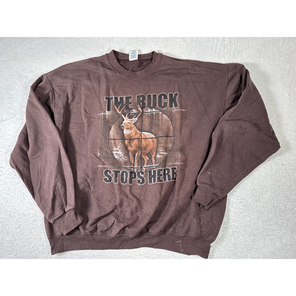 Jerzees Sweatshirt Mens XL Brown Good The Buck Stops Here Hunting Graphic